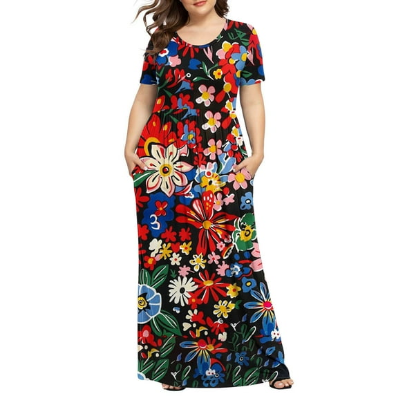 XFYSSS Plus Size Dresses for Women Round Neck Printed Short Sleeve Maxi Dresses Casual Empire Waist Long Dress with Pockets XL-5XL