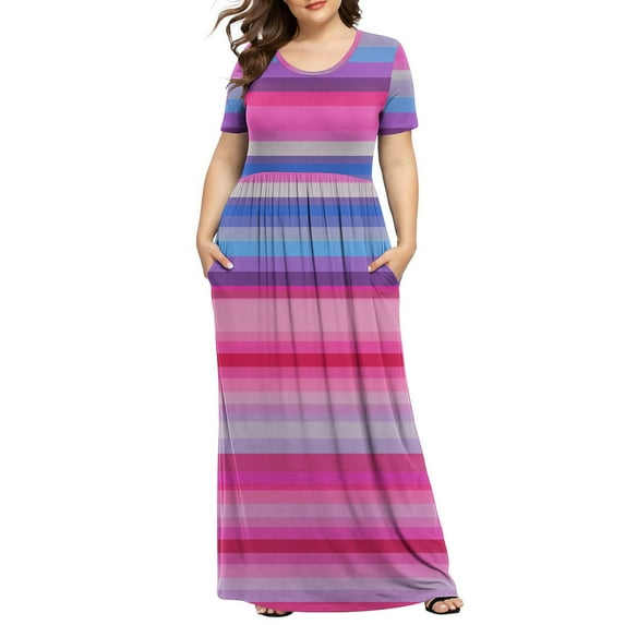 CELILIN Plus Size Dresses for Women Round Neck Printed Short Sleeve Maxi Dresses Casual Empire Waist Long Dress with Pockets XL-5XL