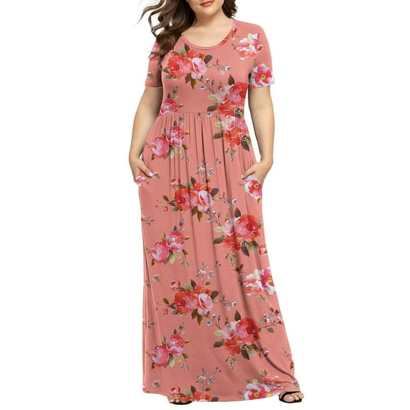 XFYSSS Plus Size Dresses for Women Round Neck Short Sleeve Maxi Dresses Casual Empire Waist Long Dress with Pockets XL-5XL