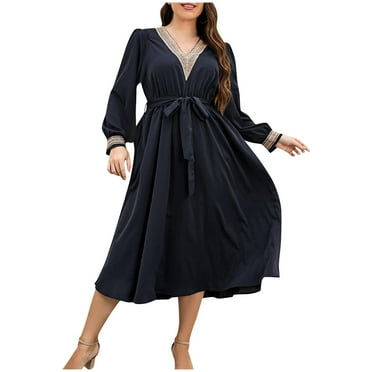 CELILIN Women Plus Size Dress V Neck Long Sleeve Belted A-Line Maxi Dress Casual Long Dresses