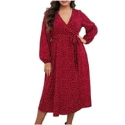CELILIN XFYSSS Women's Plus Size Dresses Fall Tunic Dress Long Sleeve V Neck Belt Casual Babydoll Loose Flowy Swing Ruffle Dresses XL-4XL