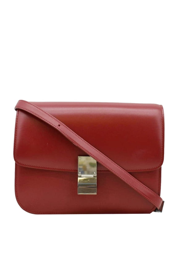 Pre-Owned CELINE Classic Box Medium Leather Flap Shoulder Bag Red