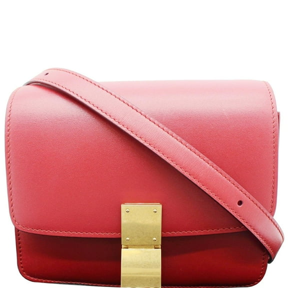 Pre-Owned CELINE Small Classic Box Leather Flap Shoulder Bag Red