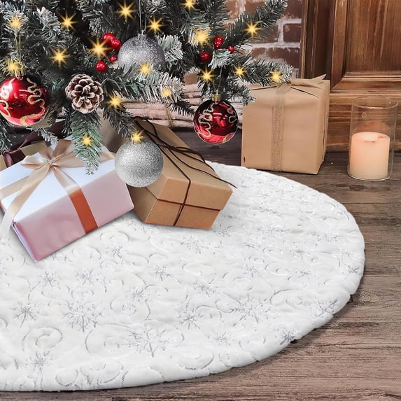 Vertintong 84" Large Christmas Tree Skirt - Faux Fur White With Cable Knit, Fits Up To 12ft Trees