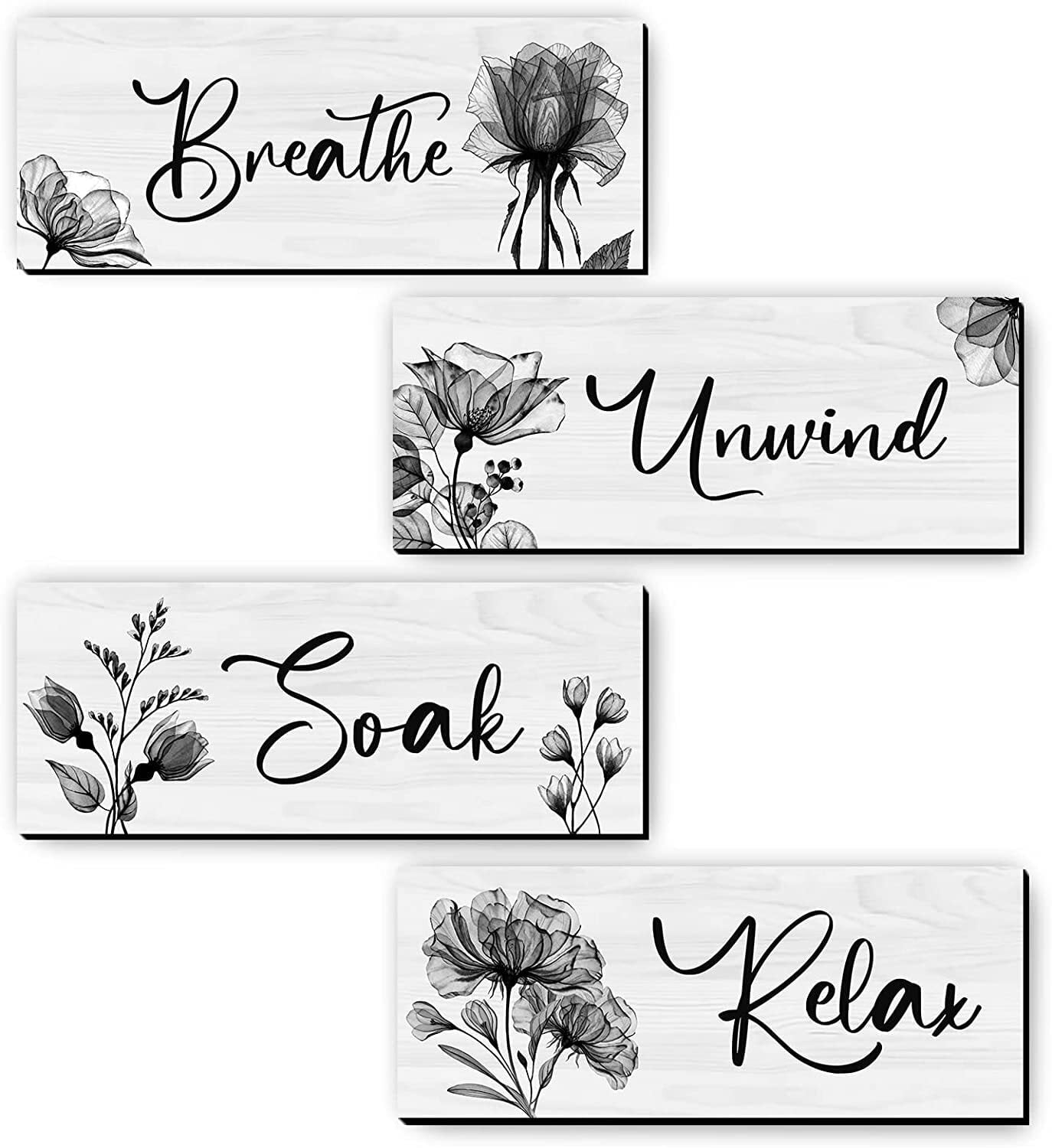 CELIVESGG 4 Pieces Bathroom Wall Decor, Black/White, Flower Wall Art Wooden Hanging for Gallery Walls or Home Decoration