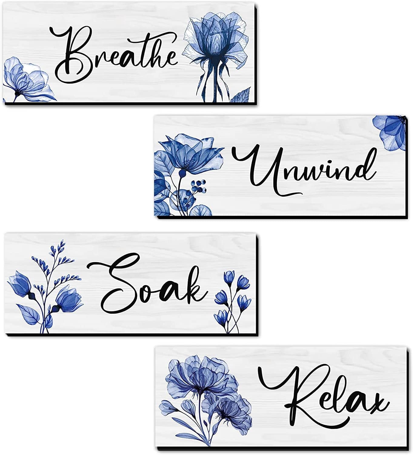 CELIVESGG 4 Pieces Bathroom Wall Decor, Blue, Flower Wall Art Wooden Hanging for Gallery Walls or Home Decoration, 10" x 4" x 0.2"