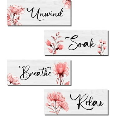 CELIVESGG 4 Pieces Bathroom Wall Decor, Pink, Flower Wall Art Wooden Hanging for Gallery Walls or Home Decoration