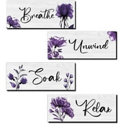 CELIVESGG 4 Pieces Bathroom Wall Decor, Purple, Flower Wall Art Wooden Hanging for Gallery Walls or Home Decoration