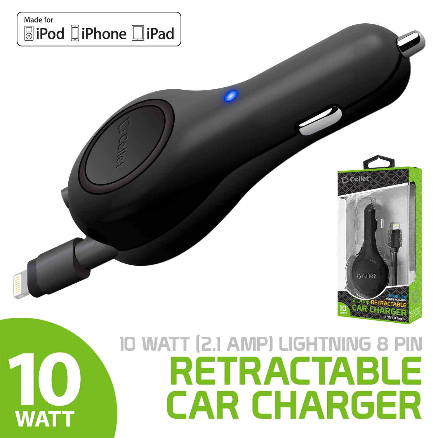 Cellet Retractable iPhone Car Charger with Lighting Cable (Apple MFI  Certified) 10-Watt Compatible with iPhone 14 Pro Max Plus Mini SE 13 12 11  Xr Xs