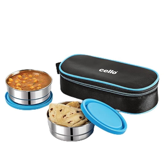 CELLO Eco Bite Stainless Steel 2 Container Lunch Box with Bag, 300 ml Each Blue