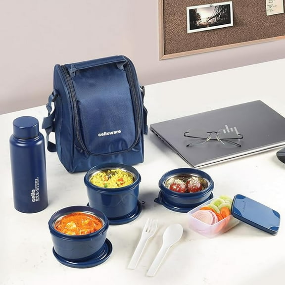 CELLO MF All in One Lunch Box Set of 5 with Bag, Blue | 3 Microwave Safe Inner Steel Containers (550ml, 375ml, 225ml)