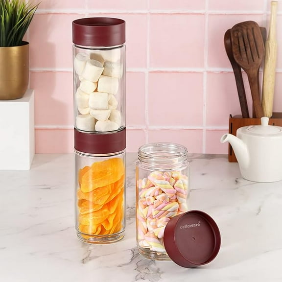 CELLO Modustack Glassy Storage Jar Set of 3, (1000mlx3), Maroon | Food Frade, Stackable & Space Saving Fridge Container Set