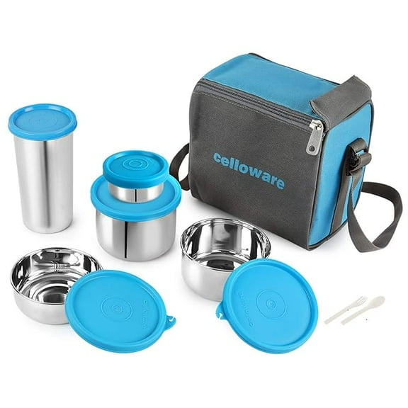 CELLO Steelox Stainless Steel Lunch Box Set of 5 with Bag (Capacities - 50ml, 225ml, 375ml, 550ml, 375ml Tumbler), Blue | Tiffin Box with Jacket