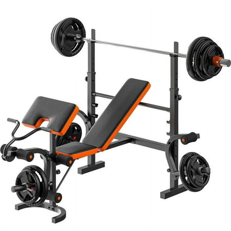 Weight Bench, Bench Press Set with Leg Extension, 6 in 1 Olympic Weight Bench for Home Gym, Adjustable Workout Bench with Rack & Preacher Pad, Full Body Flat Incline Bench for Weight Lifting