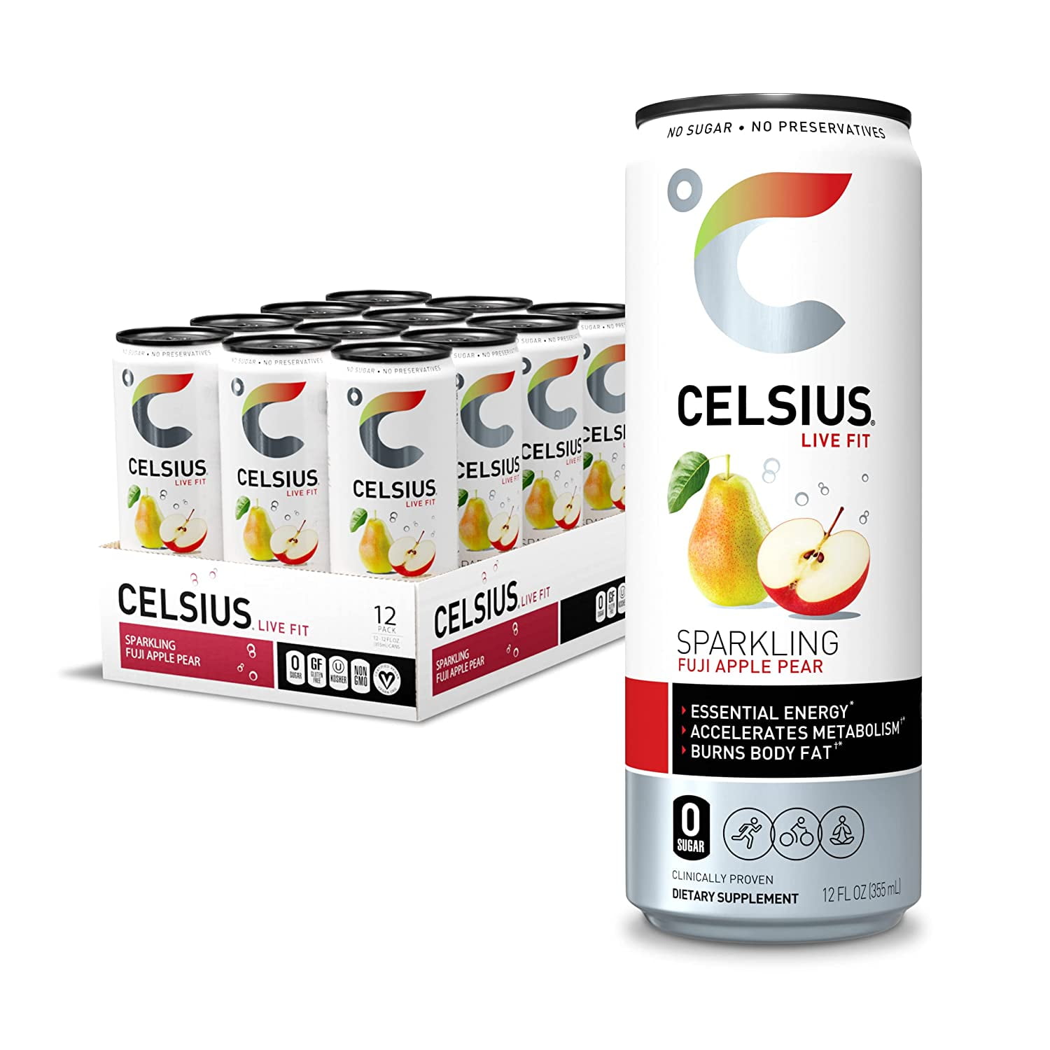 CELSIUS Essential Energy Drink 12 Fl Oz, Sparkling Fuji Apple Pear