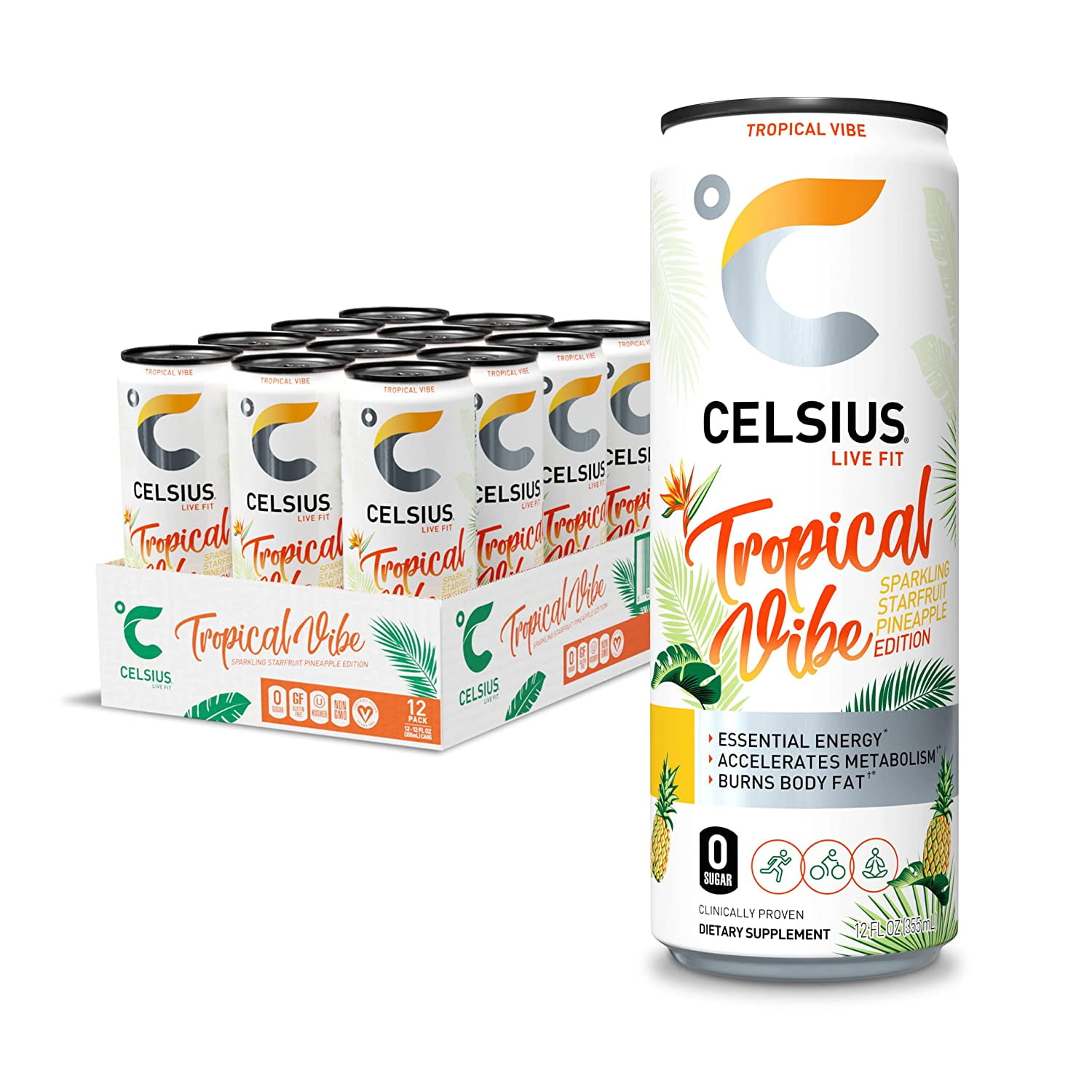 CELSIUS Essential Energy Drink 12 Fl Oz, Sparkling Tropical Vibe (Pack