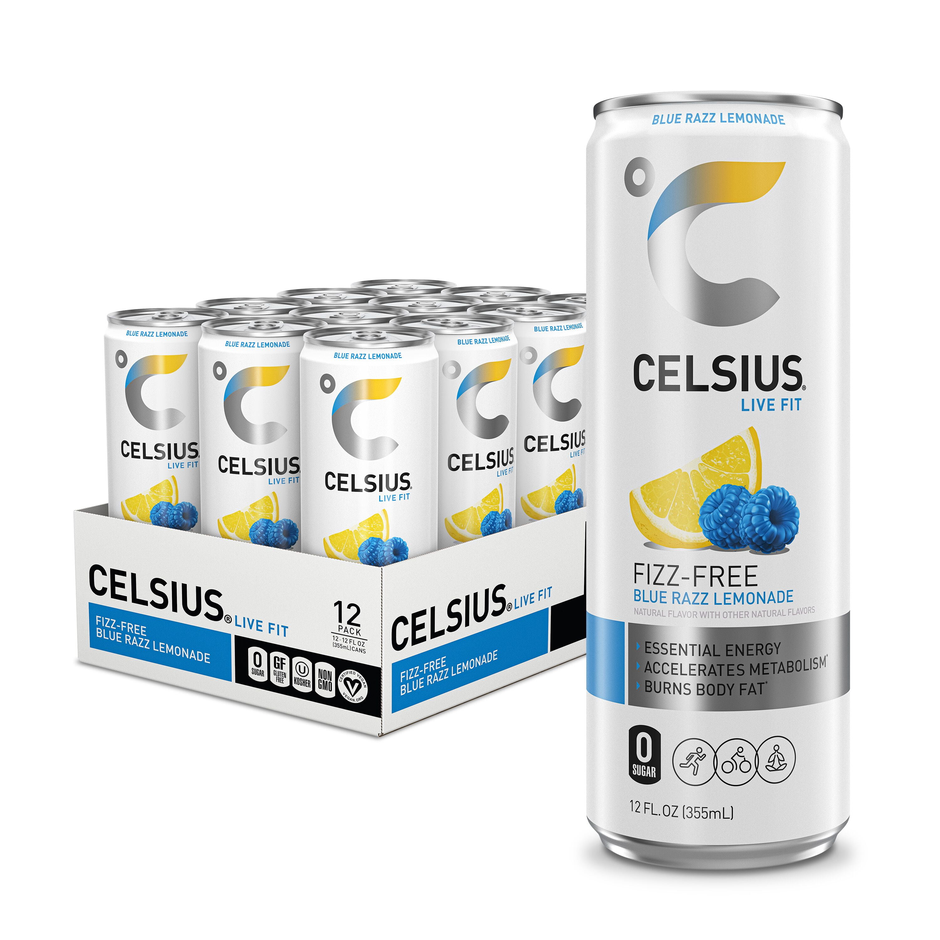 CELSIUS Fizz Free Blue Razz Lemonade, Functional Energy Drink 12 fl oz (Pack of 12)