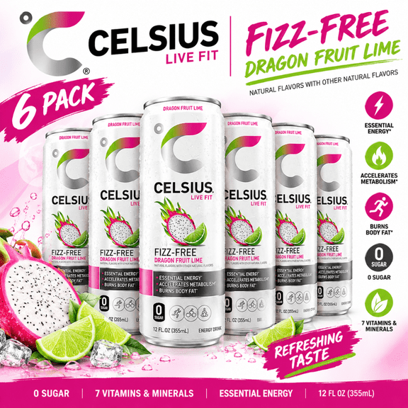 CELSIUS Fizz Free Dragon Fruit Lime Functional Energy Drink, 12 fl oz, 6 Pack