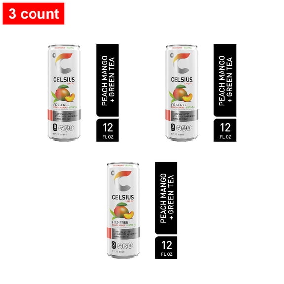CELSIUS Fizz Free Peach Mango Green Tea Energy Drink Can 12 fl oz - 3 count