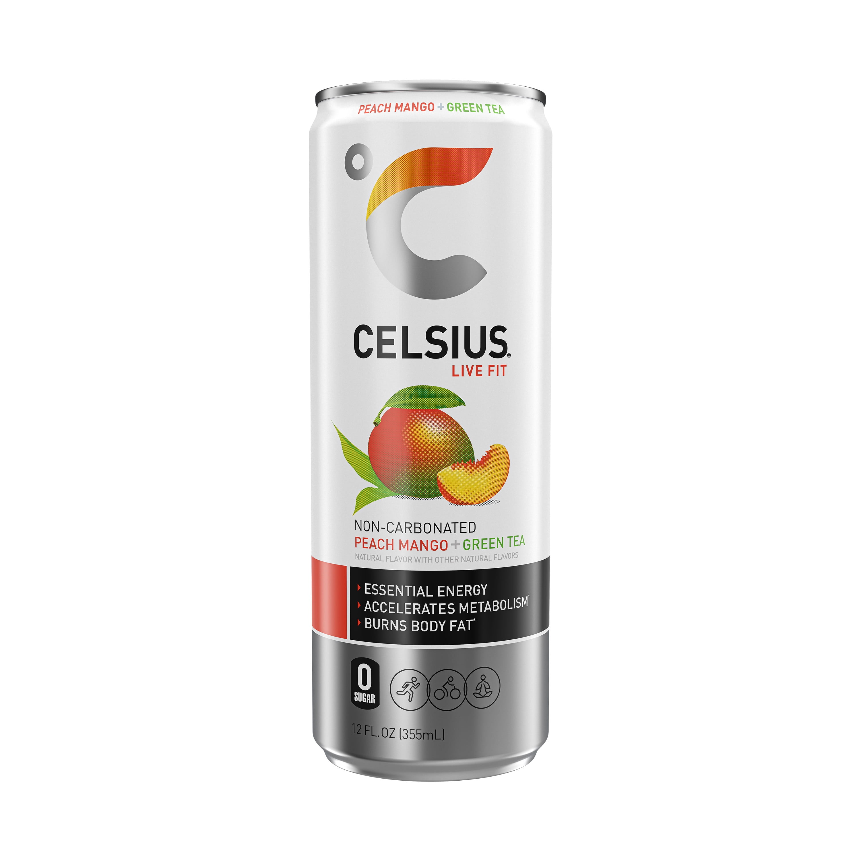 CELSIUS Fizz Free Peach Mango Green Tea, Functional Energy Drink 12 fl oz Single Can