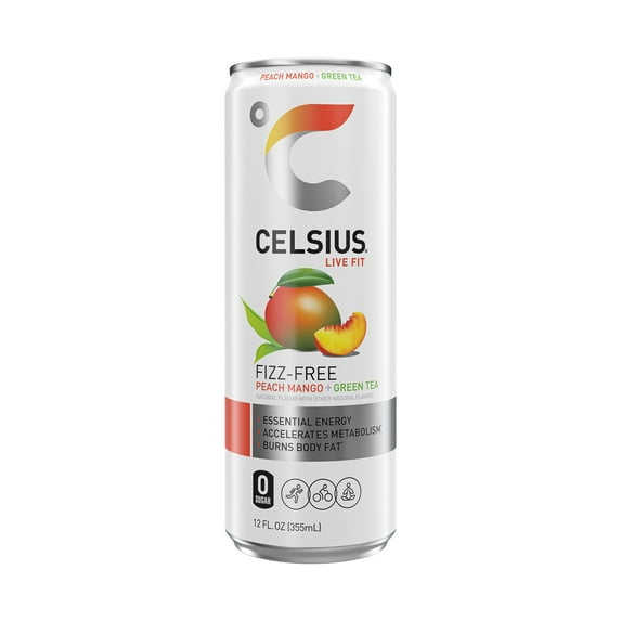 CELSIUS Fizz Free Peach Mango Green Tea, Functional Energy Drink 12 fl oz Single Can