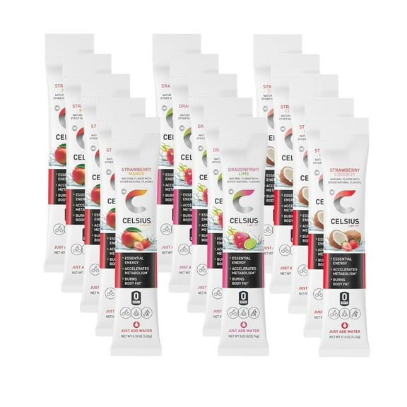 CELSIUS On the Go Essential Energy Drink Powder Packet Stick Mix 3 Flavor Variety Pack, Zero Sugar - Strawberry Mango, Dragonfruit Lime and Strawberry Coconut - Pack of 15 (5 of Each Flavor)