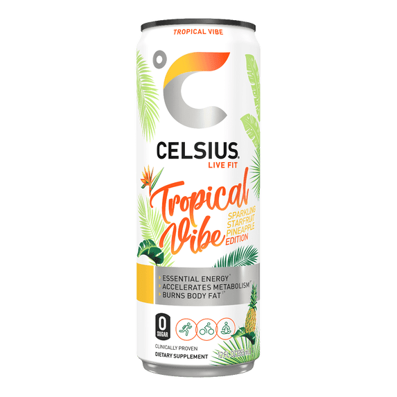 CELSIUS Non-Carbonated TROPICAL VIBE Fitness Drink, ZERO Sugar, 12oz Slim Can (Pack of 12)