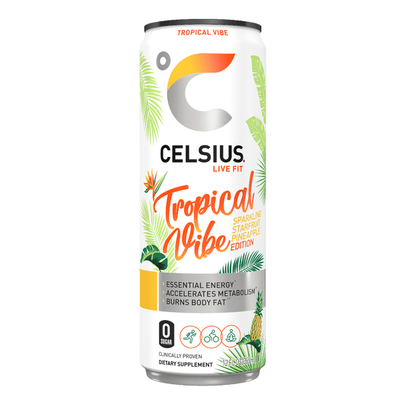 CELSIUS Non-Carbonated TROPICAL VIBE Fitness Drink, ZERO Sugar, 12oz Slim Can (Pack of 12)