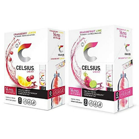 CELSIUS On-the-Go Powder Stick, .. .. Combo Pack of .. Dragonfruit .. Lime and .. Cranberry Lemon, .. 28 .. Piece Assortment