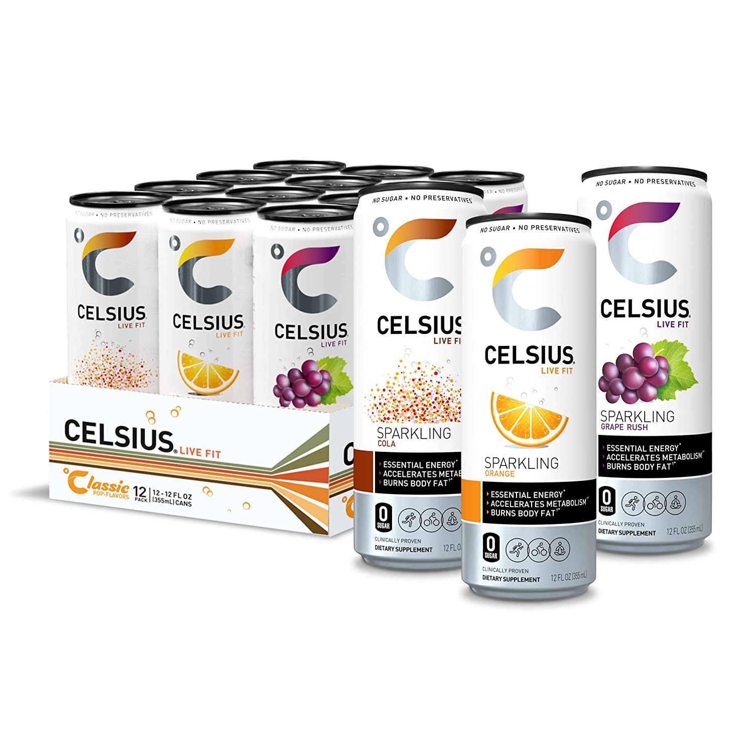 CELSIUS Sparkling Classic Pop Pack, Functional Essential Energy Drink 12 Fl Oz (Pack of 12