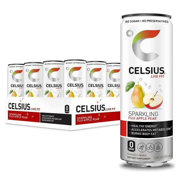 CELSIUS Sparkling Fuji Apple Pear Fitness Drink, Zero Sugar, 12oz. Slim Can (Pack of 12)