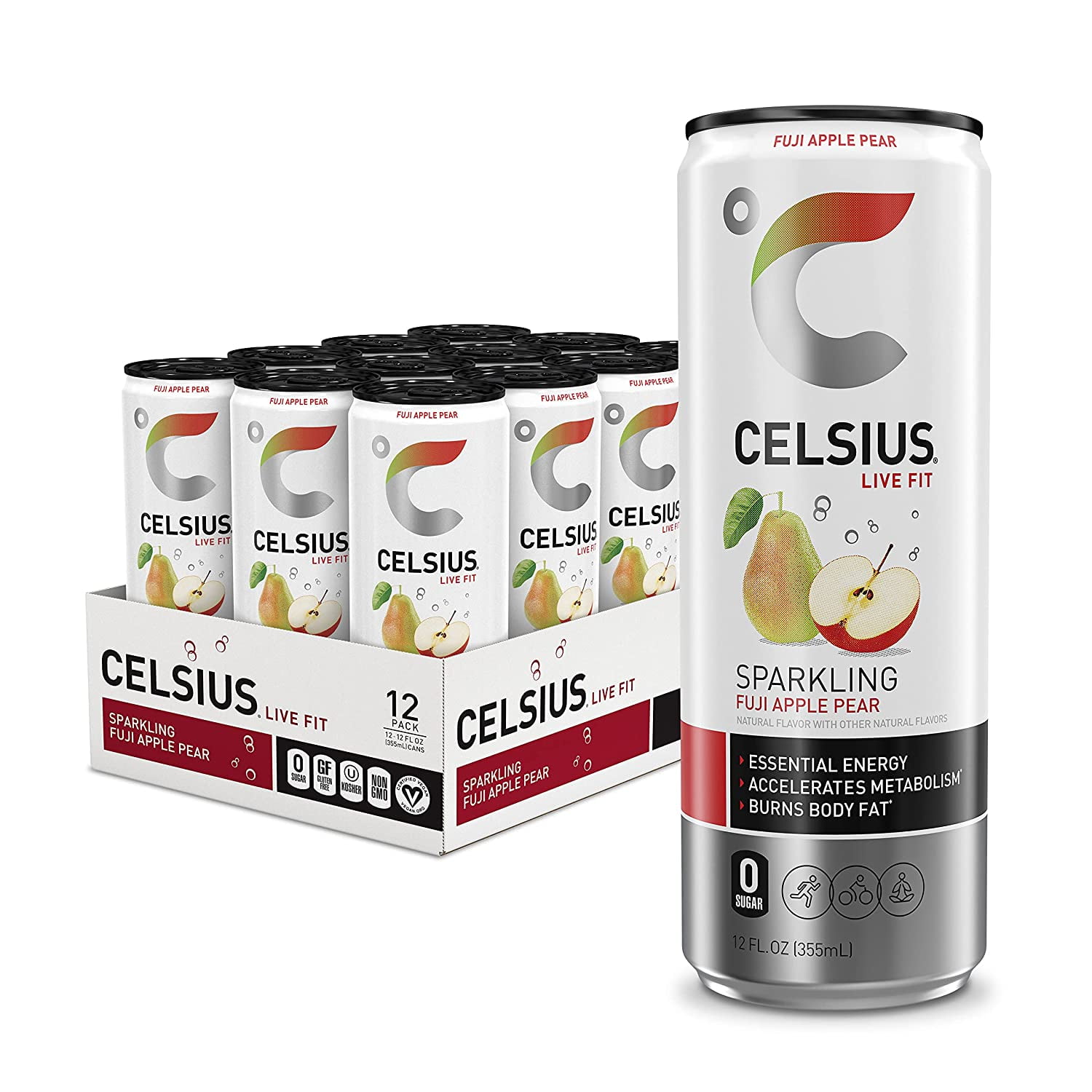 CELSIUS Sparkling Fuji Apple Pear, Functional Essential Energy Drink 12