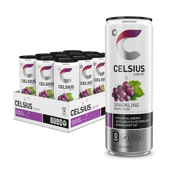 CELSIUS Uva con Gas, Bebida Energética Esencial Funcional Lata de 12 fl oz (Pack de 12)