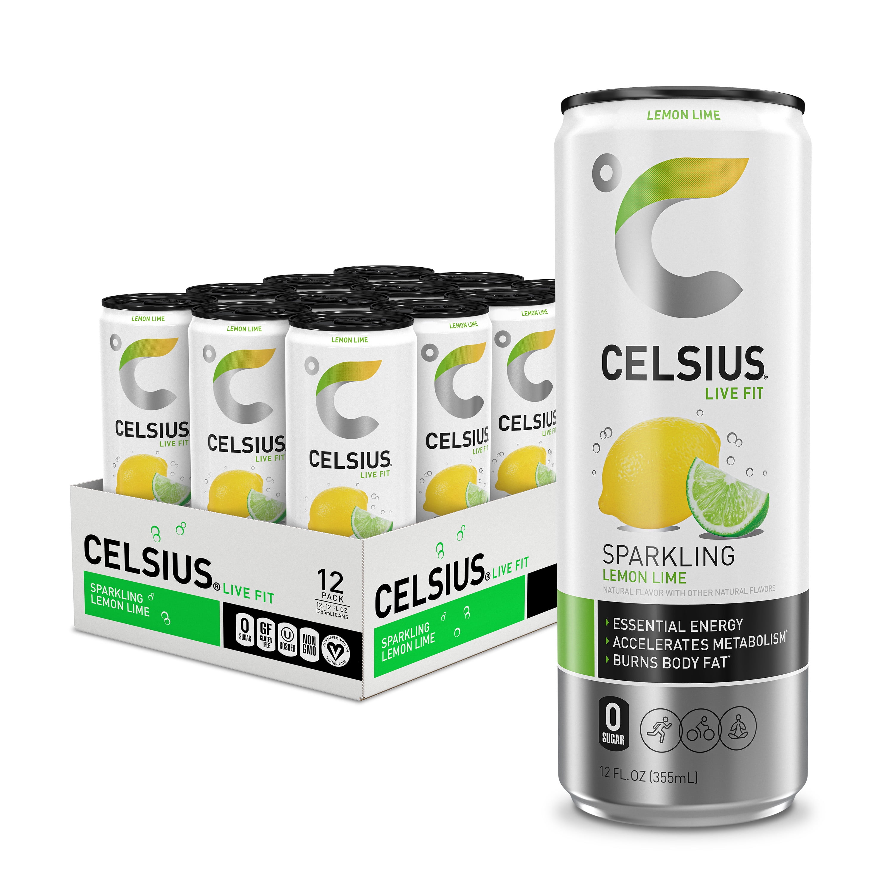 CELSIUS Sparkling Lemon Lime, Functional Energy Drink 12 fl oz Can (Pack of 12)