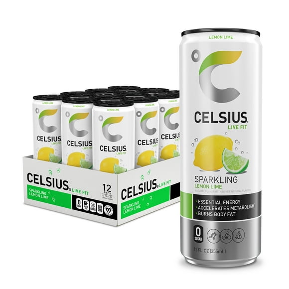 CELSIUS Sparkling Lemon Lime, Functional Essential Energy Drink 12 fl oz Can (Pack of 12)