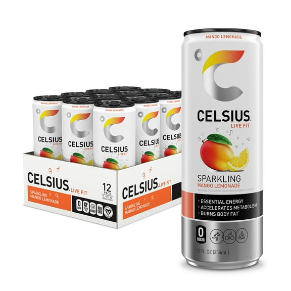 CELSIUS Sparkling Mango Lemonade, Functional Energy Drink 12 fl oz (Pack of 12)