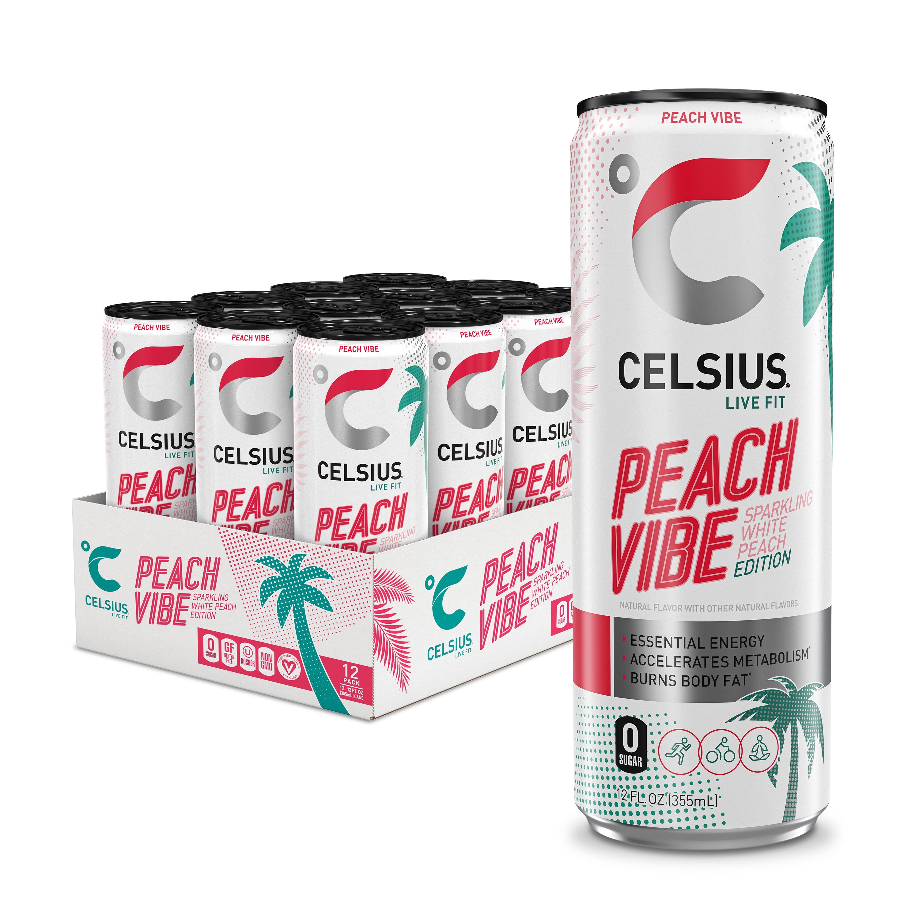 CELSIUS Sparkling Peach Vibe, Functional Energy Drink 12 fl oz Can (Pack of 12)