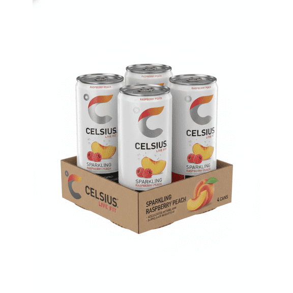 CELSIUS Sparkling Raspberry Peach, Functional Energy Drink 12 fl oz (4 can)