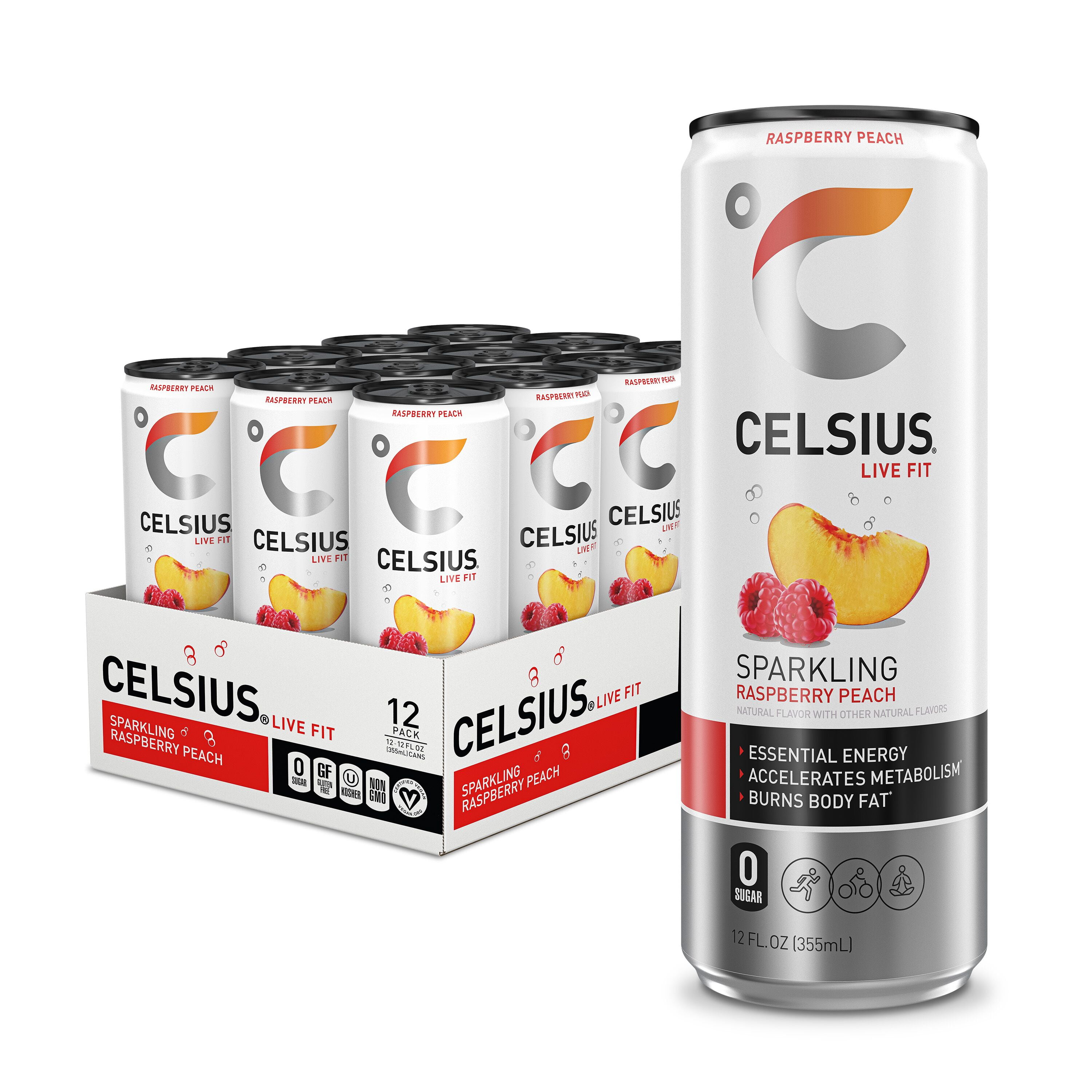 CELSIUS Sparkling Raspberry Peach, Functional Energy Drink 12 fl oz (Pack of 12)
