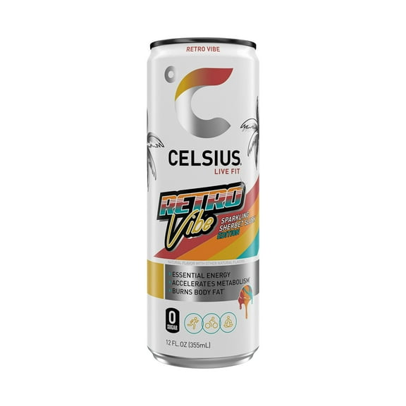 CELSIUS Sparkling Retro Vibe, Functional Energy Drink 12 fl oz Single Can- Pack of 4
