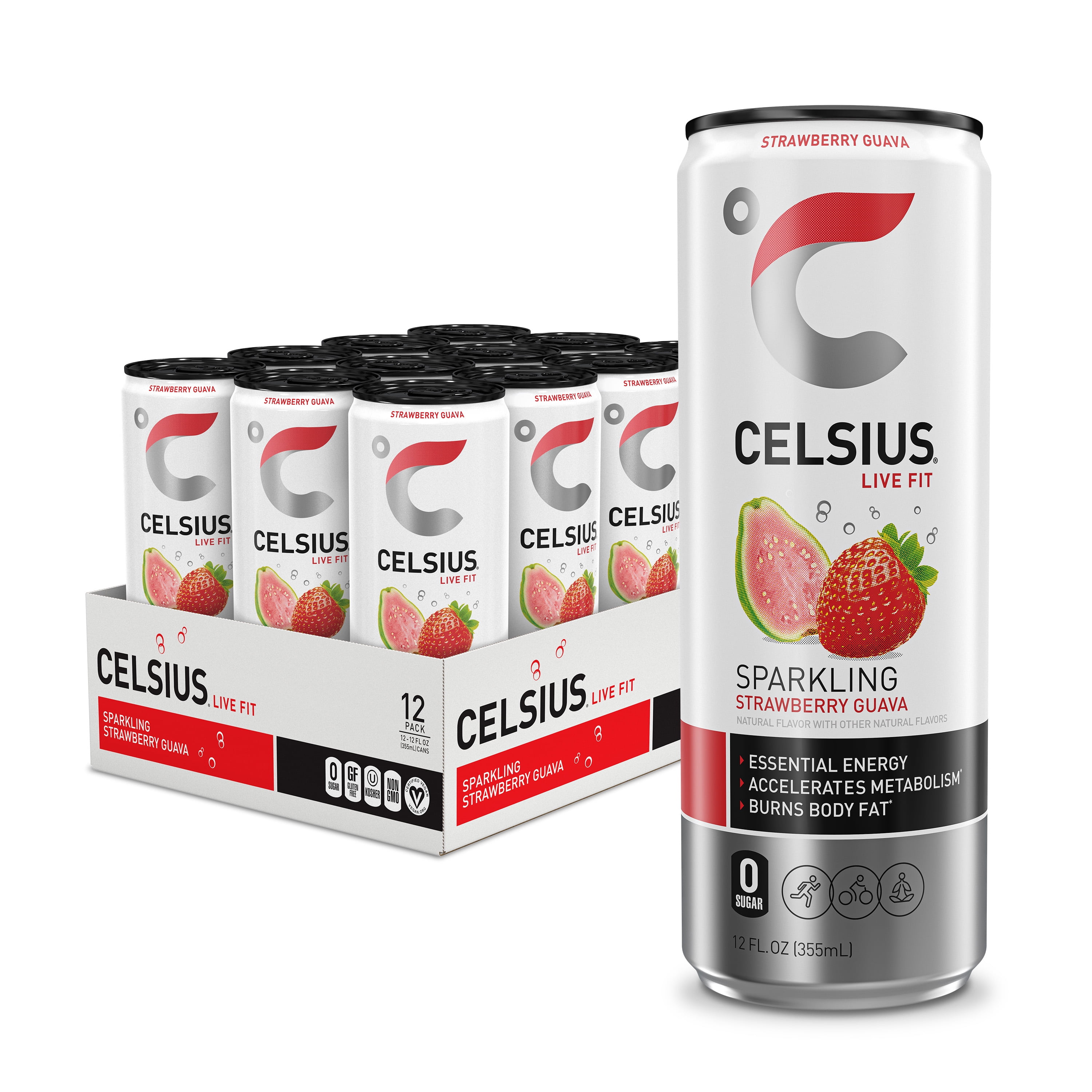 CELSIUS Sparkling Strawberry Guava, Functional Energy Drink 12 fl oz Can (Pack of 12)