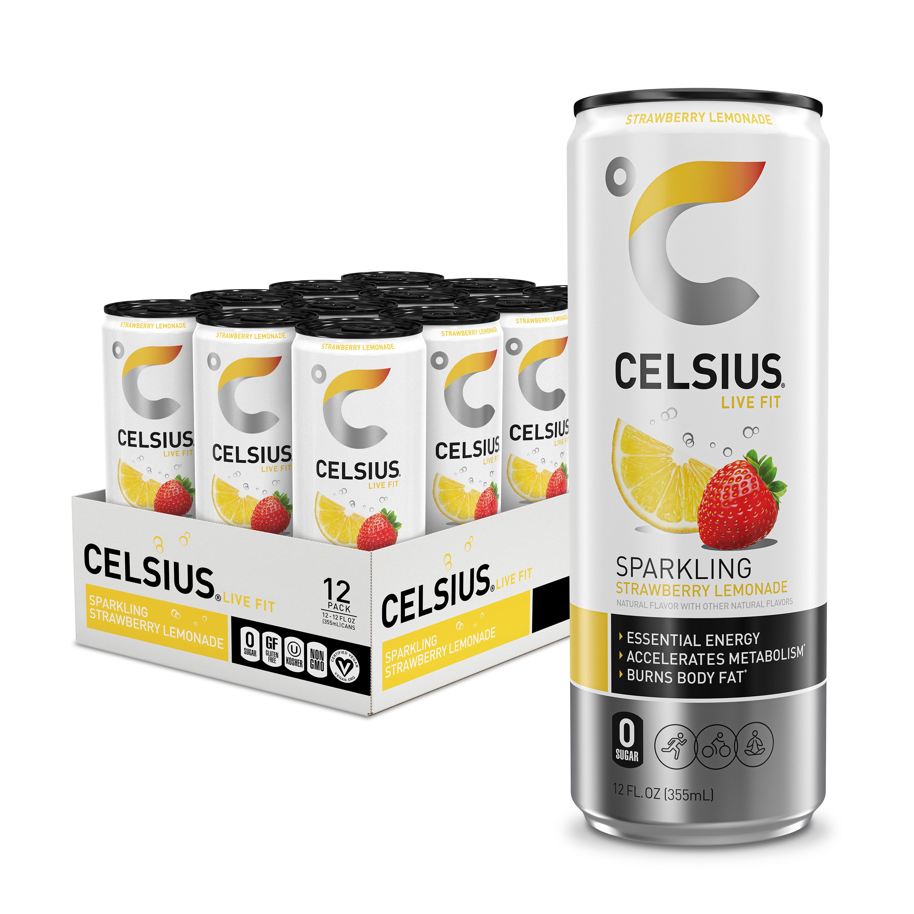 CELSIUS Sparkling Strawberry Lemonade, Functional Energy Drink 12 fl oz Can (Pack of 12)