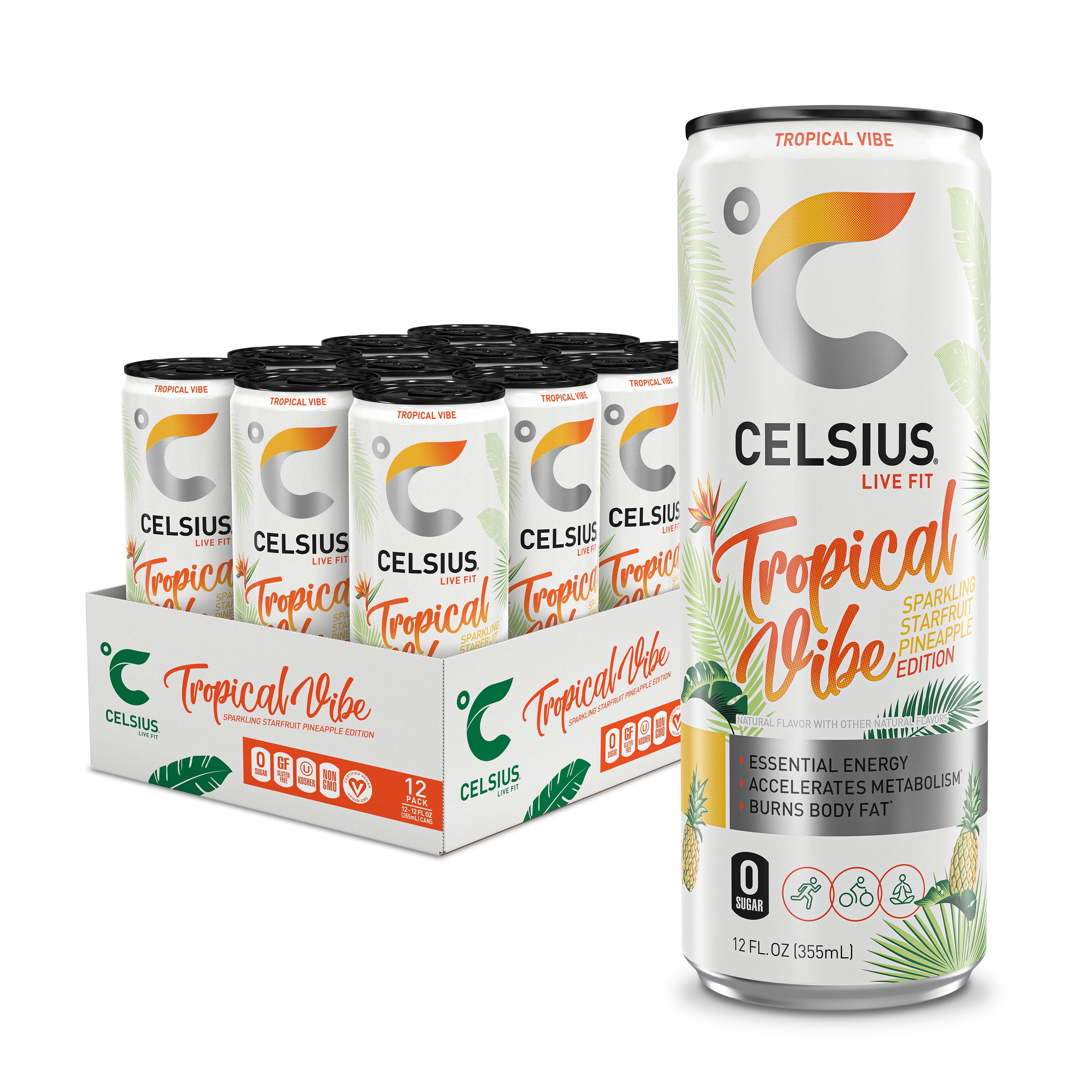CELSIUS Sparkling Tropical Vibe, Functional Energy Drink 12 fl oz Can (Pack of 12)