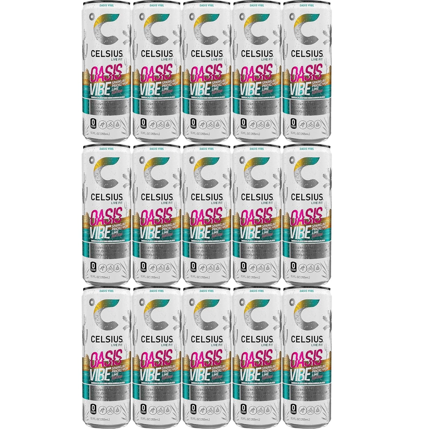 CELSIUS Sparkling Vibe Variety Pack, (Pack of 15) 5 Different Flavors: Fantasy Vibe, Arctic Vibe, Peach Vibe, Tropical Vibe, oasis vibe | Functional Essential Energy Drink, 12 Fl Oz