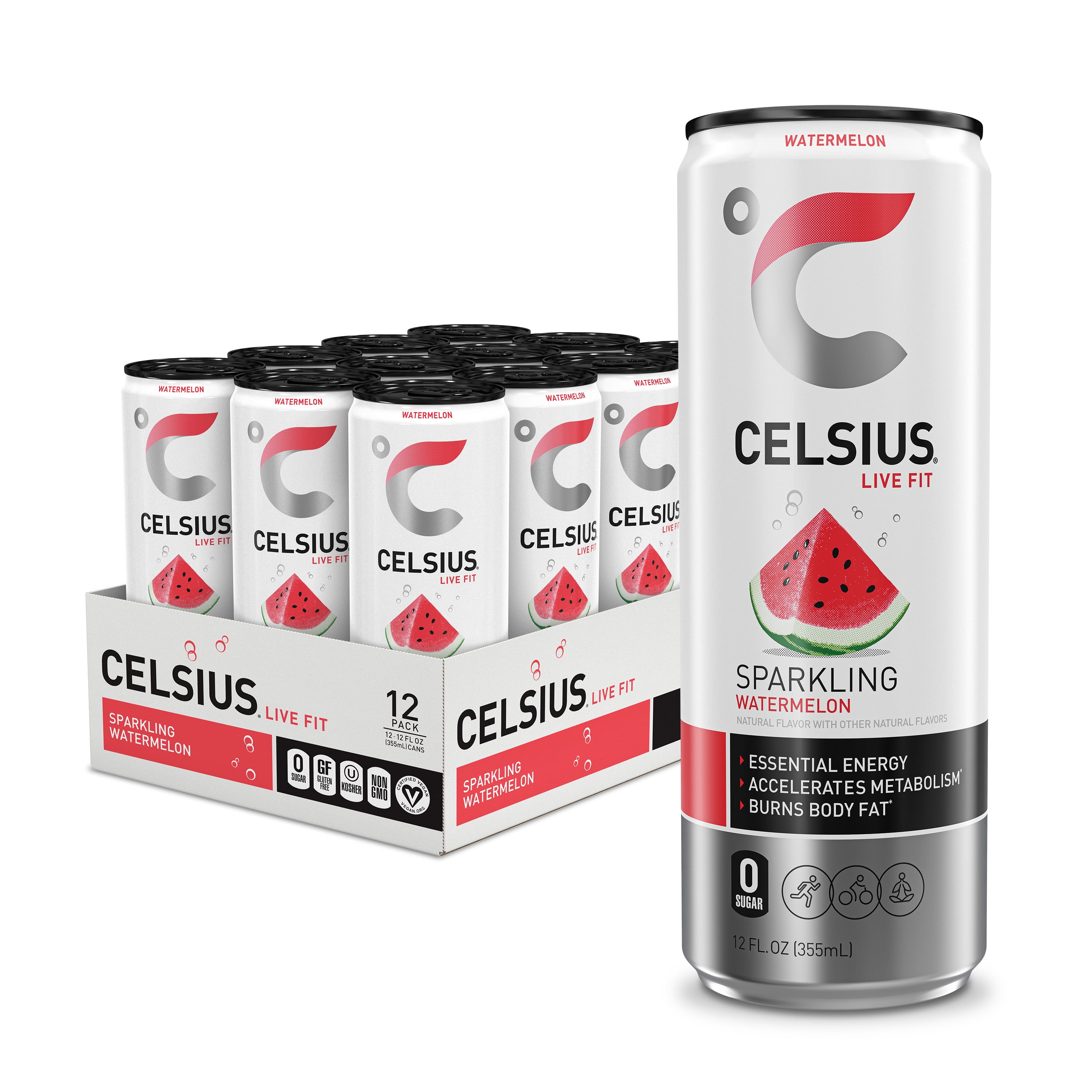 CELSIUS Sparkling Watermelon, Functional Energy Drink 12 fl oz Can (Pack of 12)