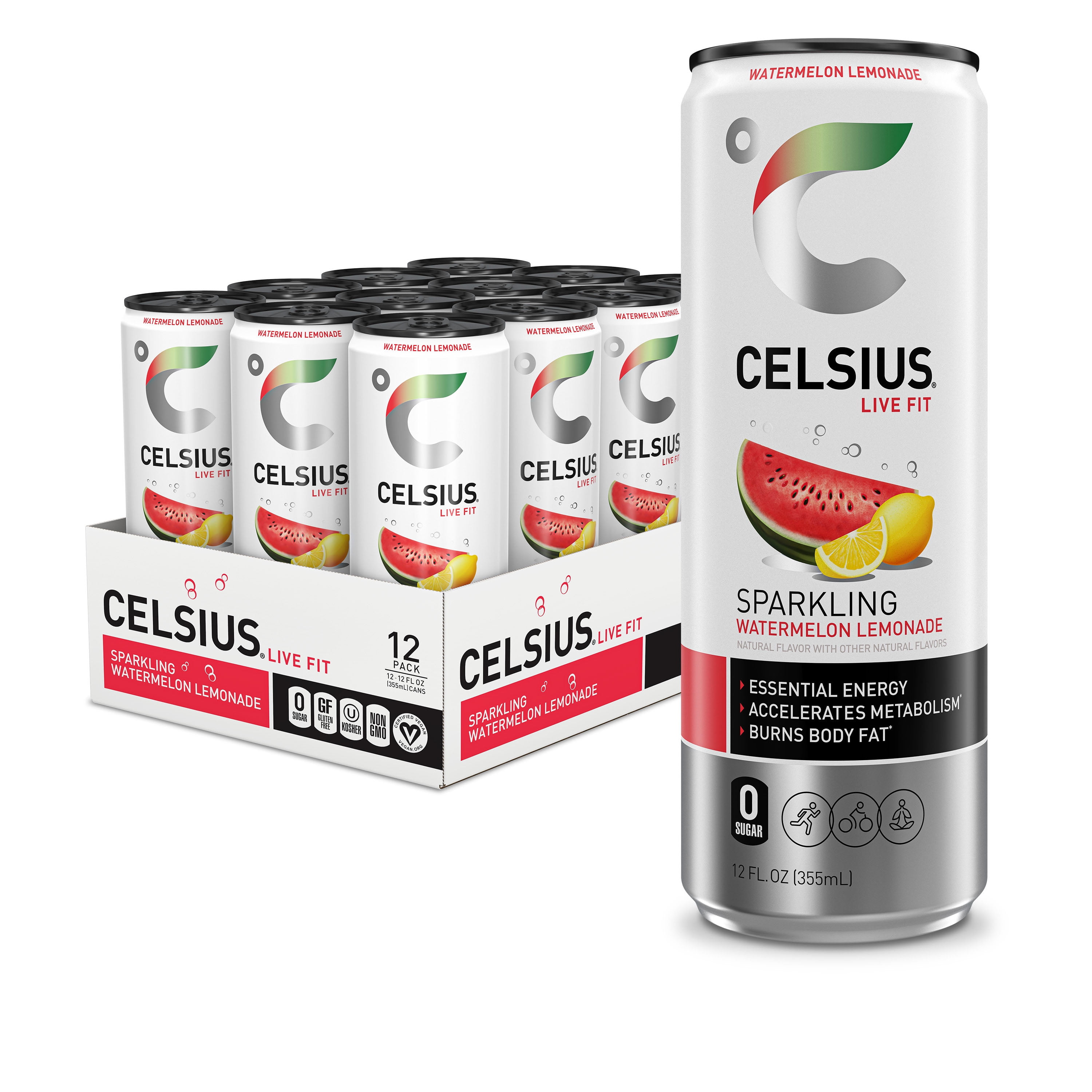 CELSIUS Sparkling Watermelon Lemonade, Functional Energy Drink 12 fl oz (Pack of 12)