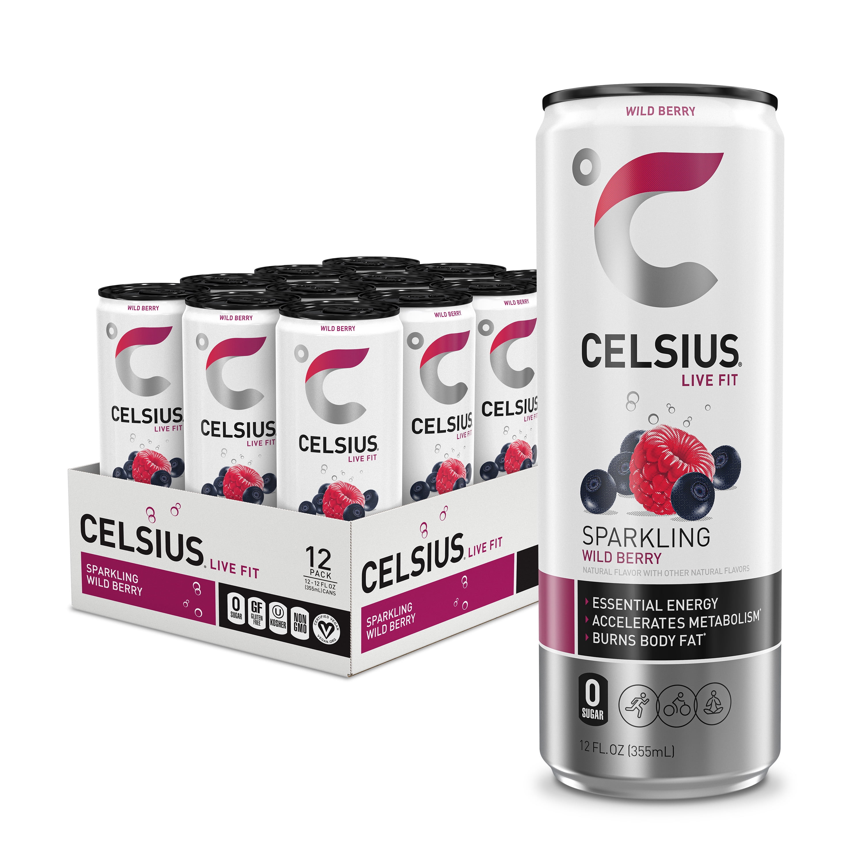 CELSIUS Sparkling Wild Berry, Functional Energy Drink 12 fl oz Can (Pack of 12)