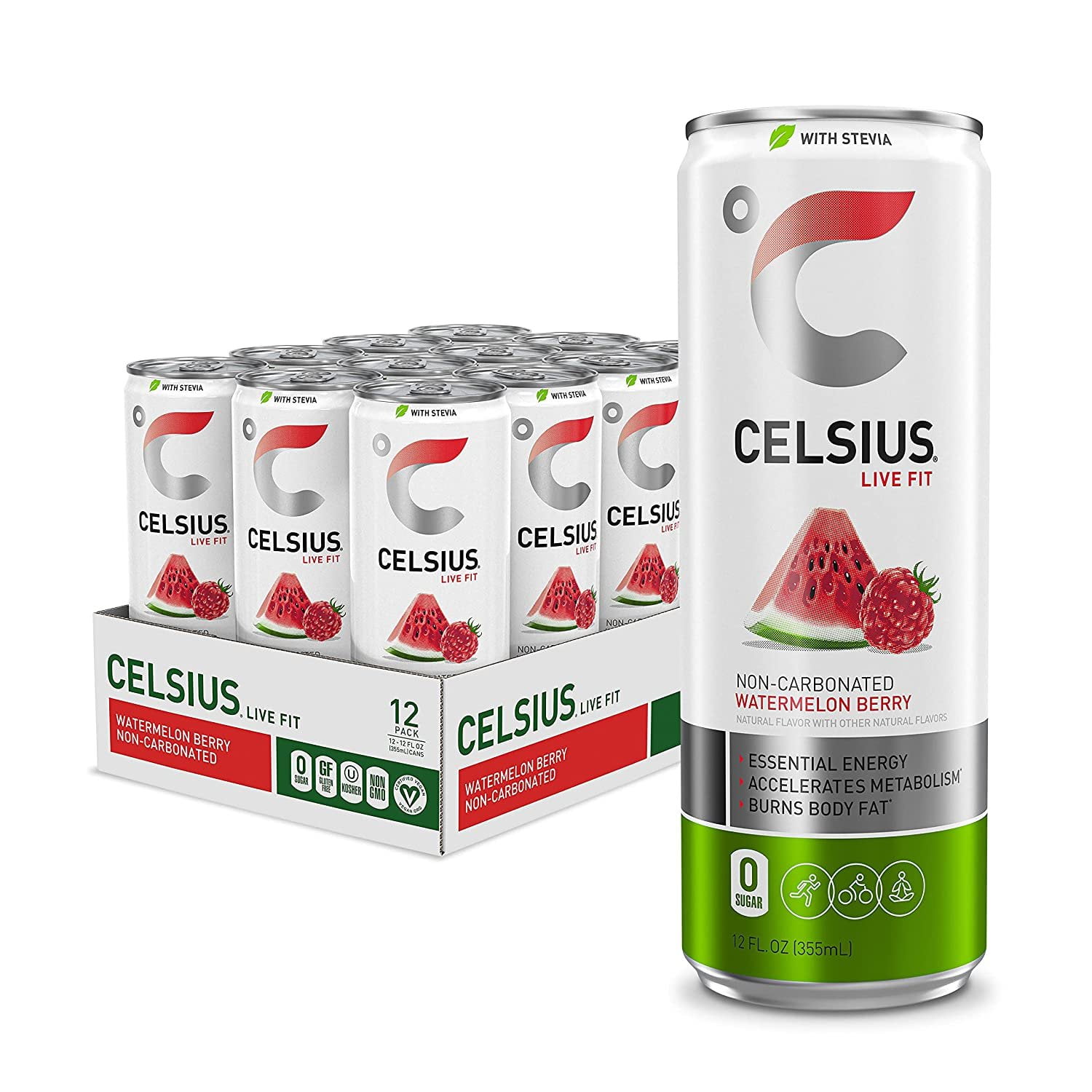 CELSIUS Sweetened with Stevia Watermelon Berry NonCarbonated Fitness Drink, Zero Sugar, 12oz