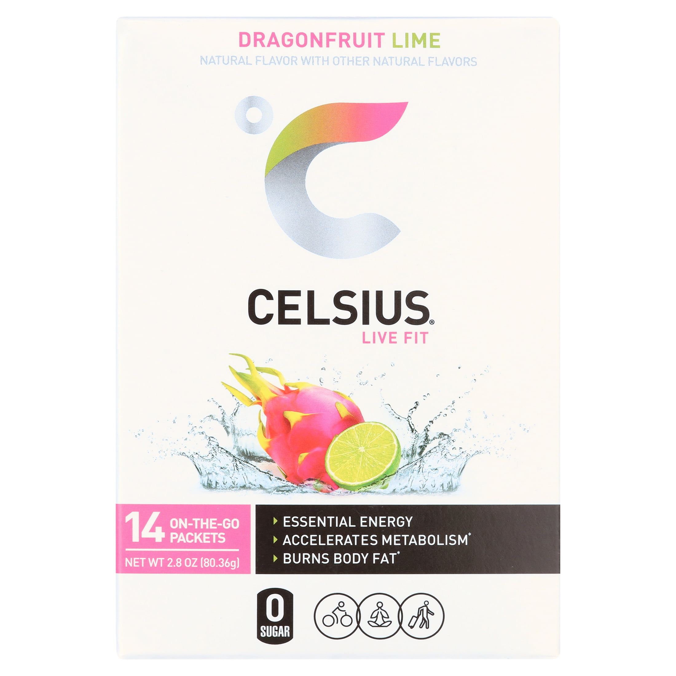 CELSIUS on-the-go Essential Energy Drink Mix, Dragonfruit Lime (14 Stick Pack)