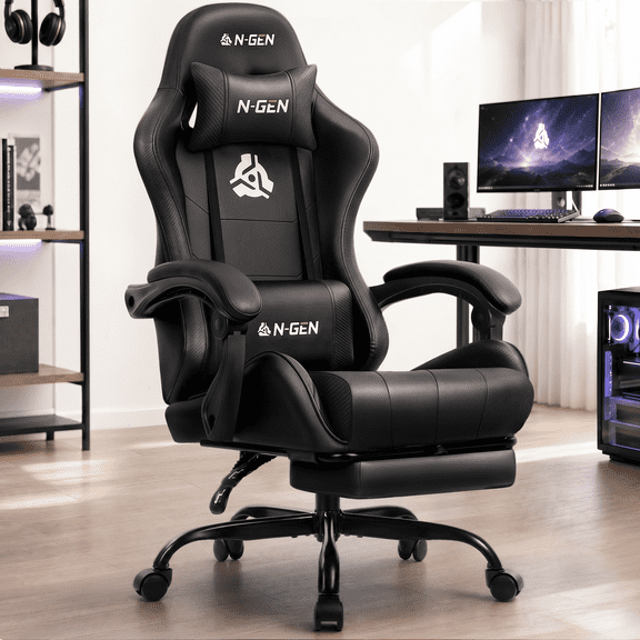 CELTOSS Black Office Gaming Chair with Footrest & Lumbar Support, Ergonomic Adjustable Computer Chair with Swivel Seat & Headrest